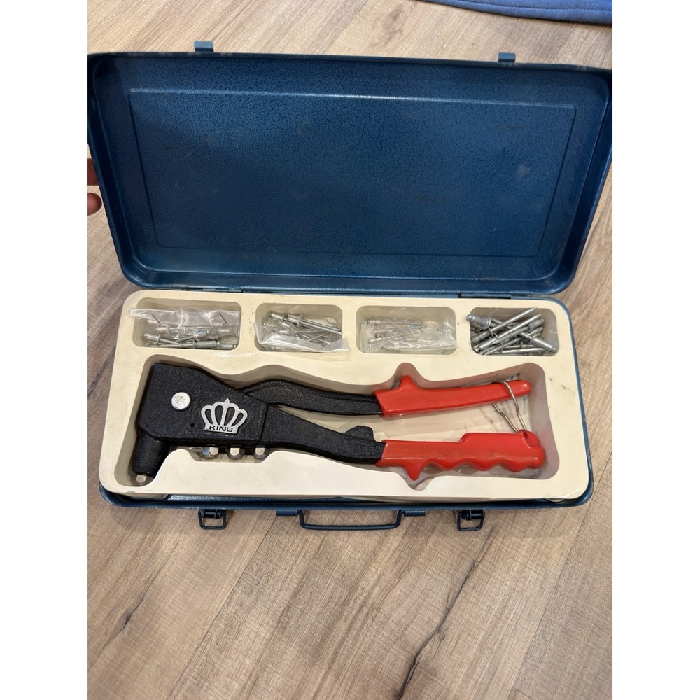 Vintage KING Hand Pop Riveter Tool Kit w/ Metal Case & Assorted Rivets